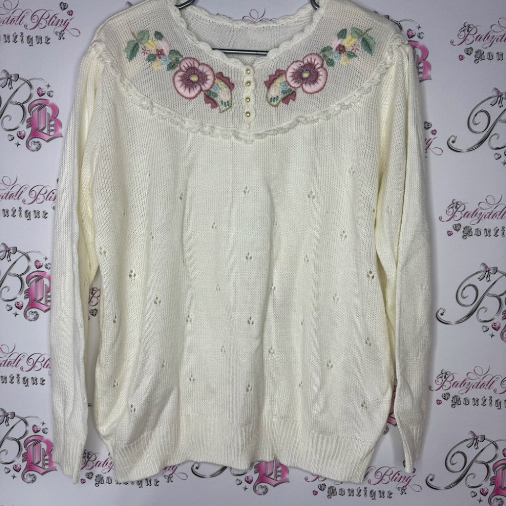 Grandmacore Sweater Pearls Embroidered Floral Flowers White Cream Pink Gorgeous